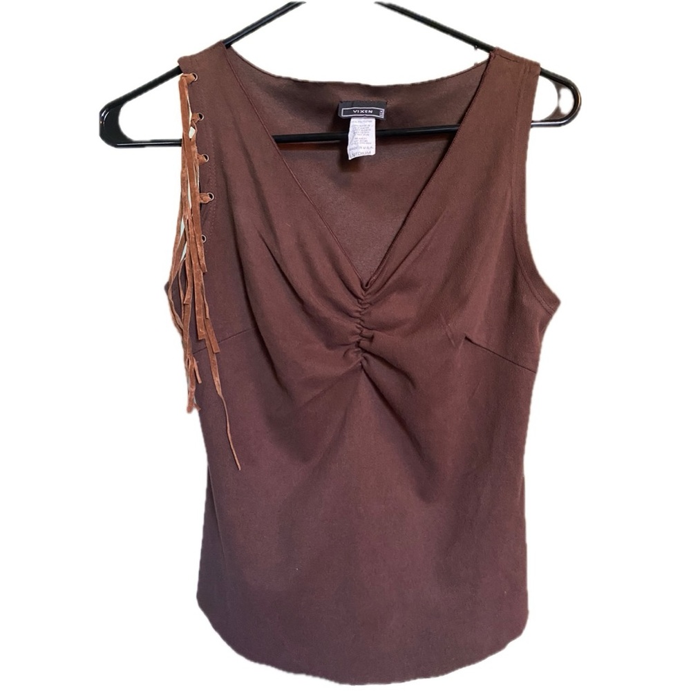 Brown VIXEN Sleeveless Top with fringe detail